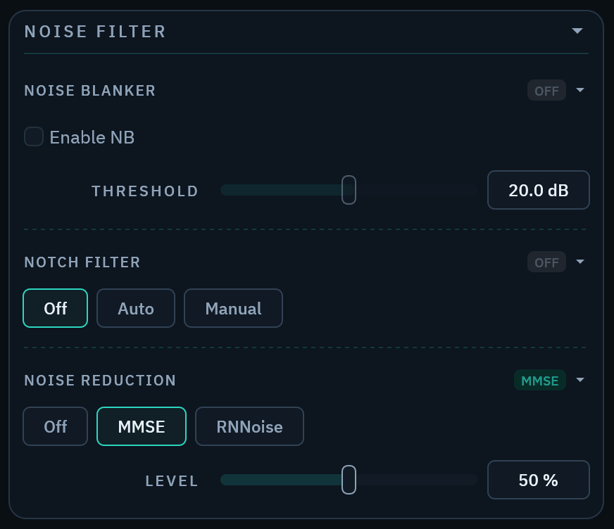 The NOISE FILTER section of the Radio Bench control column, showing the noise blanker, the notch filter, and the Off, MMSE, and RNNoise noise-reduction chips with MMSE selected and its LEVEL at 50 percent.