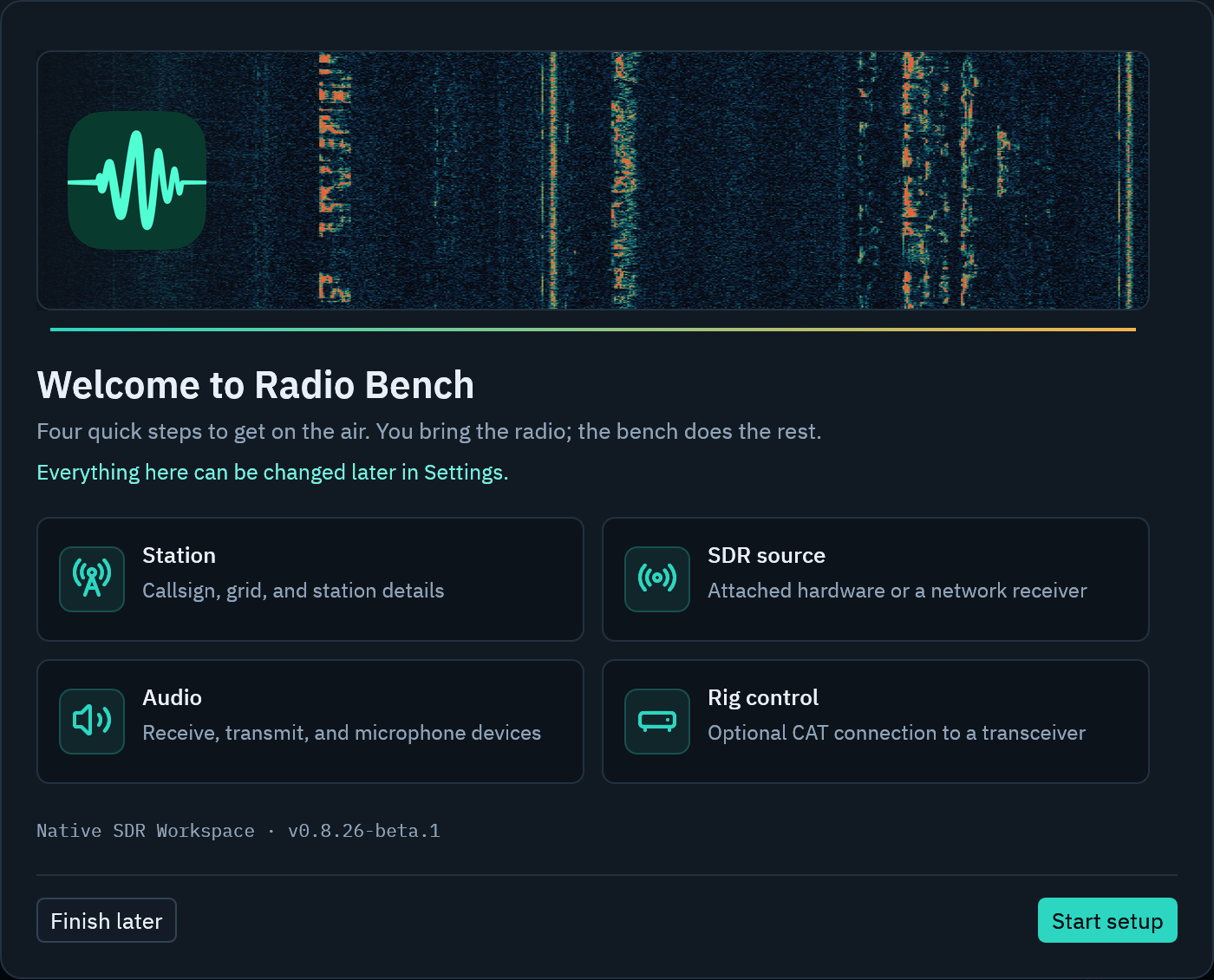 The Radio Bench setup wizard welcome page, listing the station, SDR source, audio, and rig control steps with the Finish later and Start setup actions.