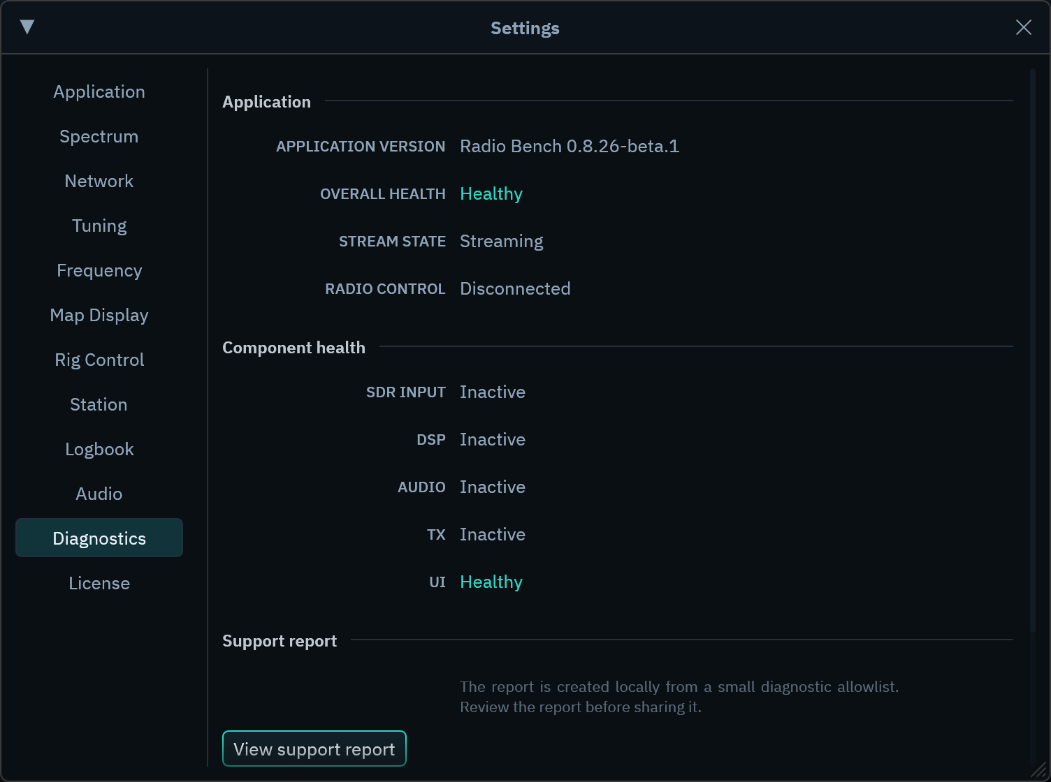 The Diagnostics page of the Radio Bench Settings window, showing application state, component health rows, and the View support report button.