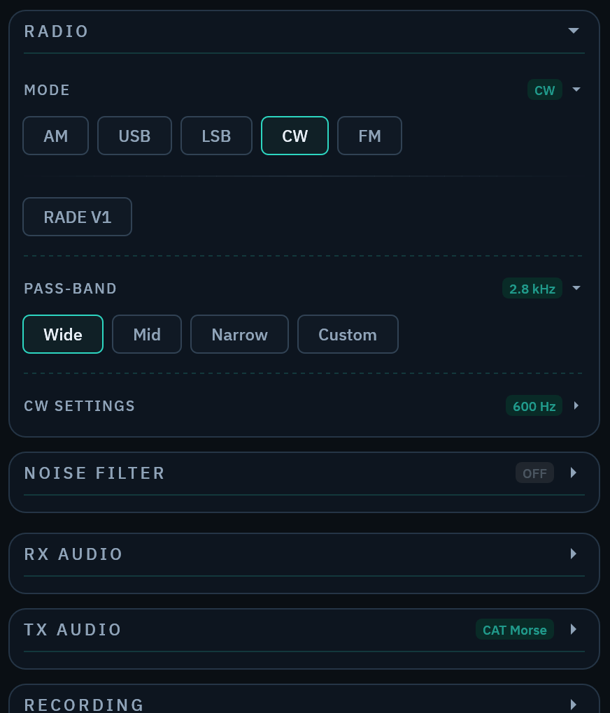 The RADIO section of the Radio Bench control column in CW mode, showing the mode chips, the pass-band presets, and the CW DECODE, WPM HINT, WPM MODE, and DECODE OFFSET controls.