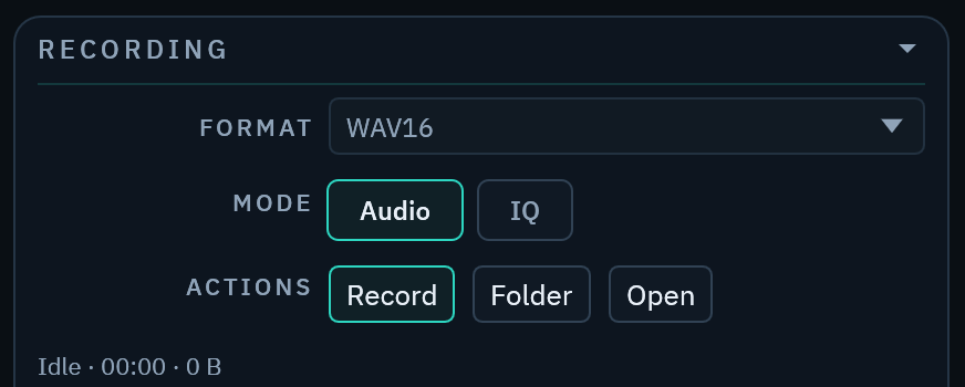 The RECORDING section of the Radio Bench control column, showing the FORMAT selector, the Audio and IQ mode chips, and the Record, Folder, and Open actions.