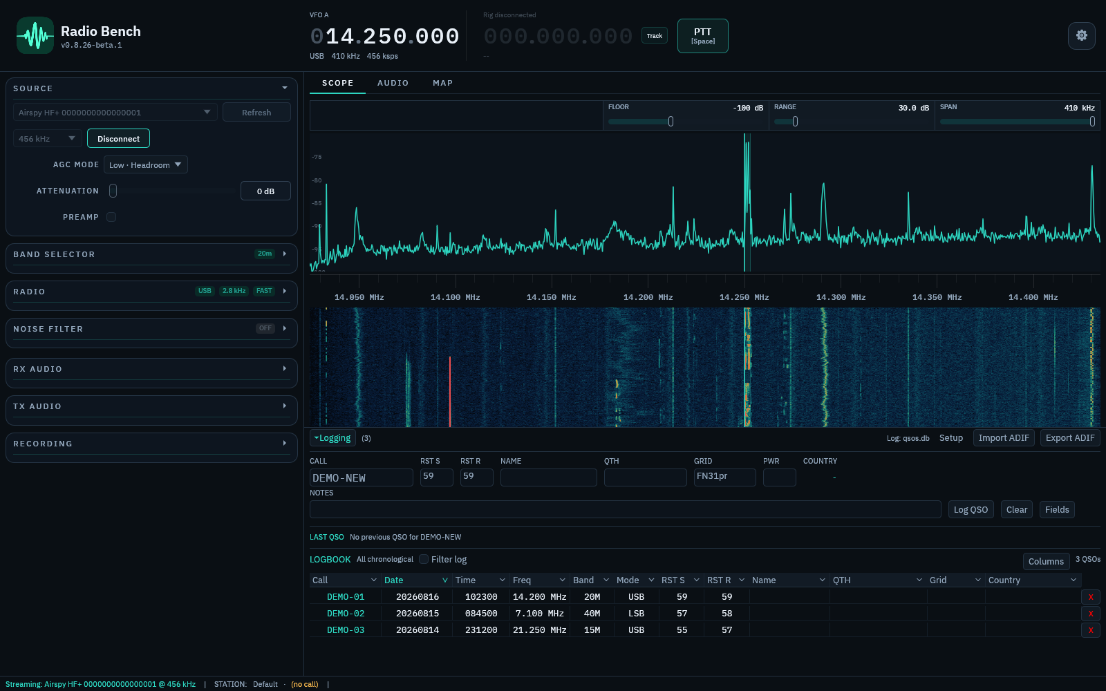 Radio Bench QSO logger with fictional contact records.