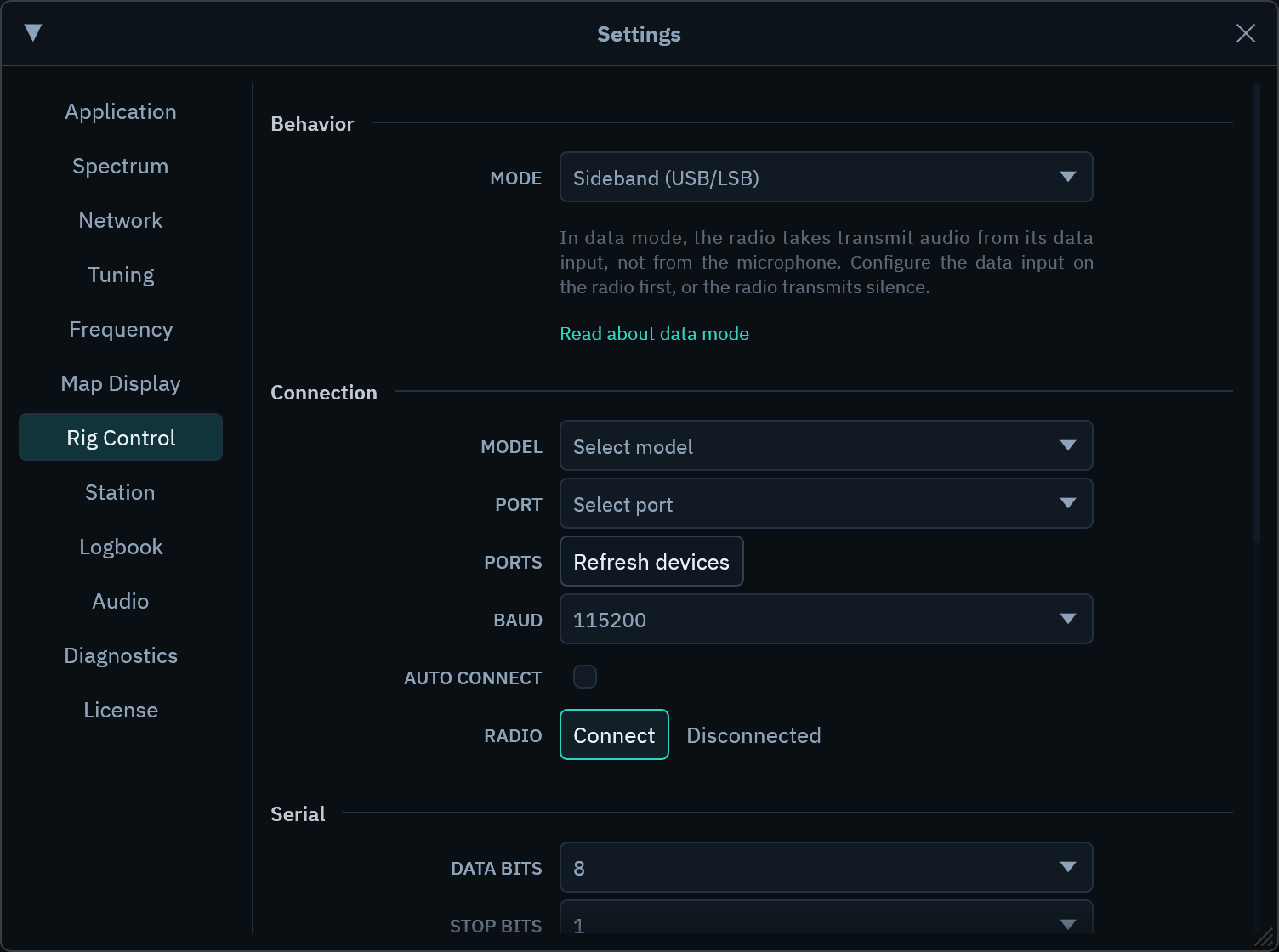 The Rig Control page of the Radio Bench Settings window, showing the Behavior section with its MODE dropdown above the Connection controls for MODEL, PORT, BAUD, and AUTO CONNECT.